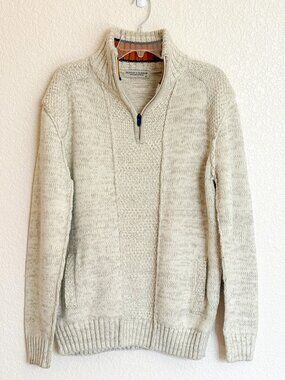 Hudson & Barrow Quarter Zip Knit Sweater Men's XL Beige Elbow Patches Preppy